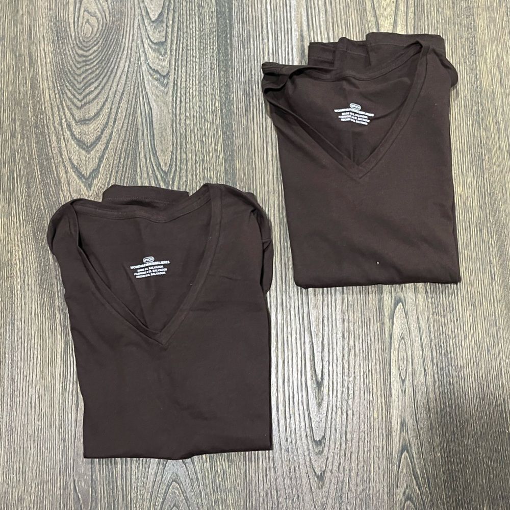NWOT 2 Pack Womens Shirts V-Neckline Short Sleeve Pullover Cotton Brown Size S